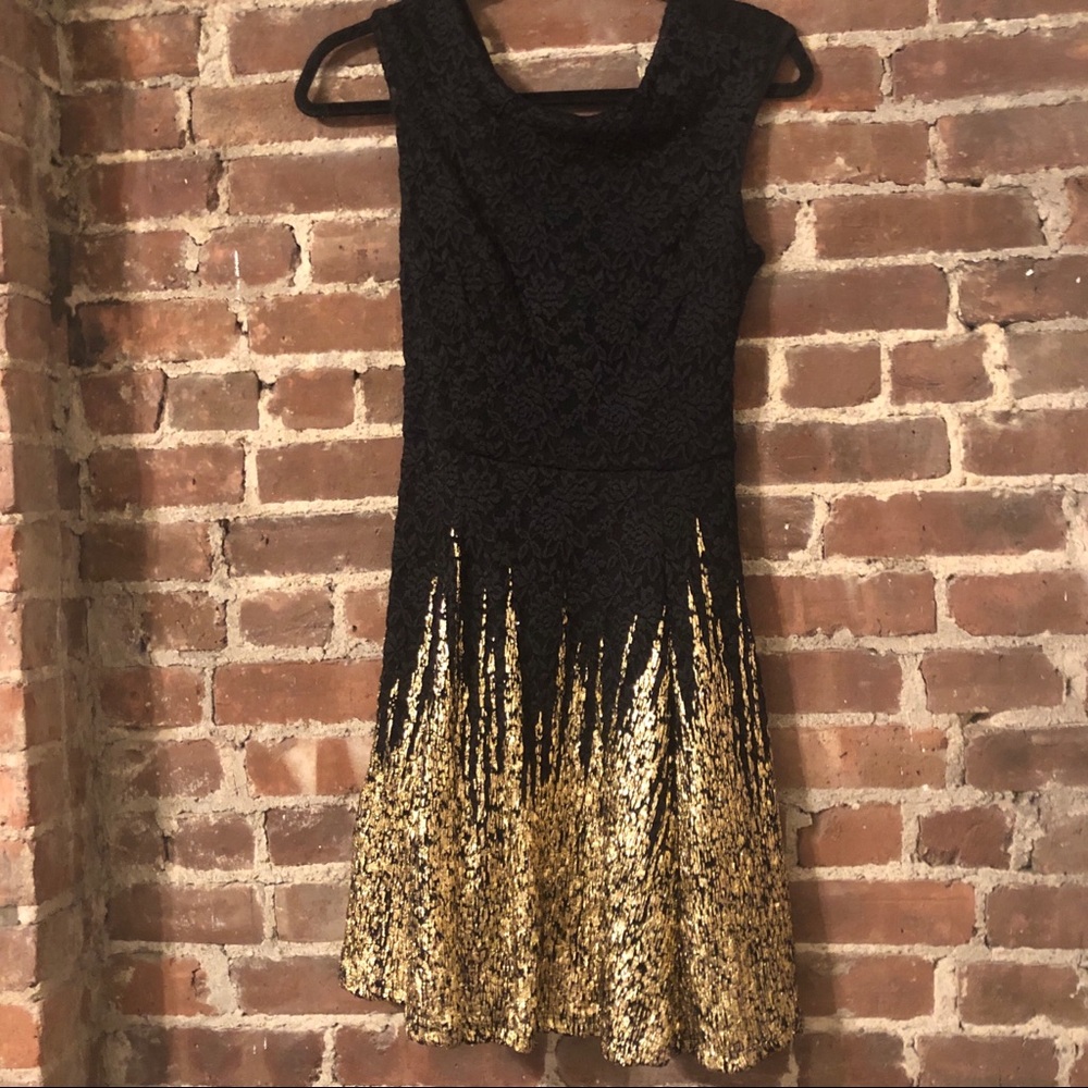 Taroo Black Lace and Gold Foil A-Line Dress